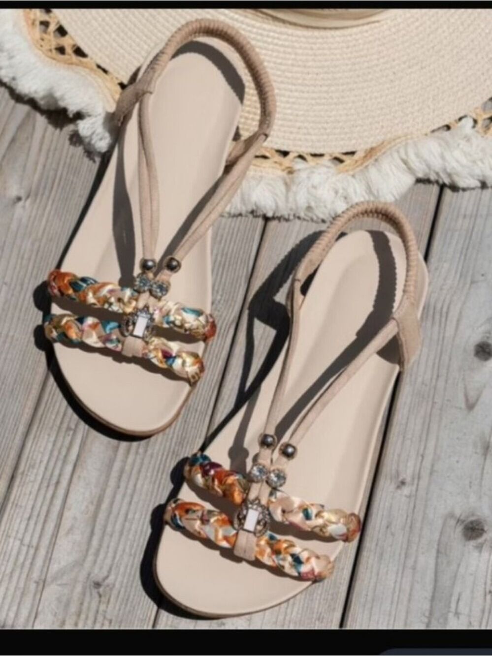 boho-style flat sandals featuring beige soles, elastic slingback ankle straps - Picture 2 of 2